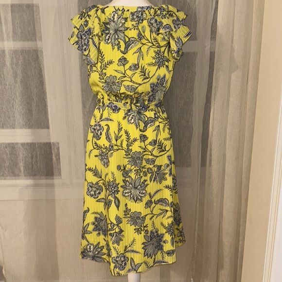 LOFT S Neon Yellow Blue White Floral Flutter Short Sleeve A-Line Belted Dress - Picture 2 of 10